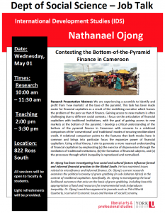 SOSC Job Talk - International Development Studies (IDS): Contesting the Bottom-of-the-Pyramid Finance in Cameroon @ 822 Ross Building South