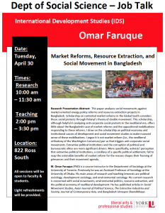 SOSC Job Talk - International Development Studies (IDS): Market Reforms, Resource Extraction, and Social Movement in Bangladesh @ 822 Ross Building South