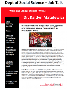 SOSC Job Talk - Work & Labour Studies (WKLS) - Institutionalized inequality: Law, gender, and mapping sexual harassment in restaurant work @ 701 Ross Building South